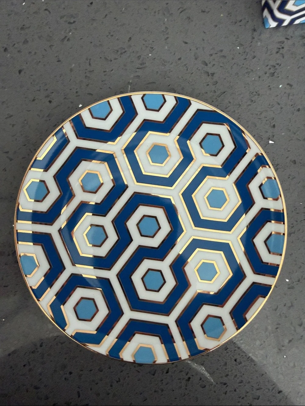 Jonathan Adler Newport Hexagon Porcelain Plates - Blue, Light Blue & Gold Trim